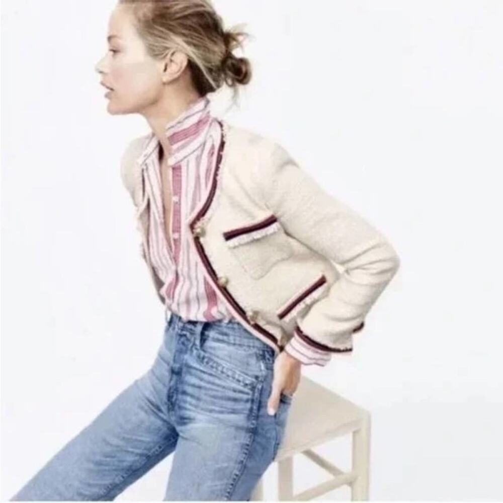 J.Crew Tweed Fringy Lady Jacket Blazer Classic red blue Four Pockets Size 6 6P - Picture 2 of 14